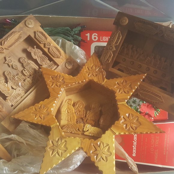 Wooden Christmas Decor, carved manger set